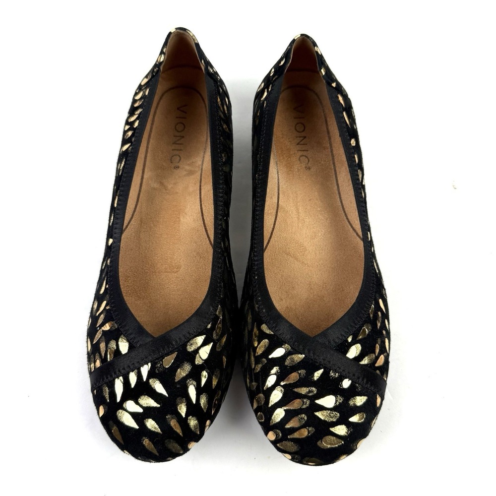 Vionic Carroll Flats 6 Black Foil Suede Chic Slip On Shoes Gold Acccent Womens